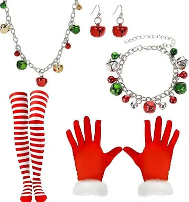 Produktbild von Weihnachtliches Damen-Kostüm mit Glöckchen-Accessoires, roten Handschuhen und Strümpfen - ideal für Weihnachtsfeier und Verkleidungsparteien