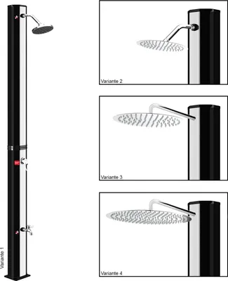 A product image showing a solar shower with multiple variations of its shower head attachment.