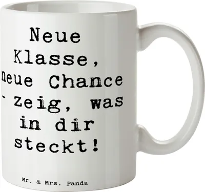 Produktbild von Mr. & Mrs. Panda Kaffeebecher Spruch Erster Schultag Neue Klasse - Weiß - Geschenk, Kaffeetasse, haferl, Vertrauem, Herausforderung, Tasse, Zuversicht, Lebensfreude