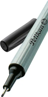 A close-up of a black and silver Pelikan fineliner pen with its cap off.