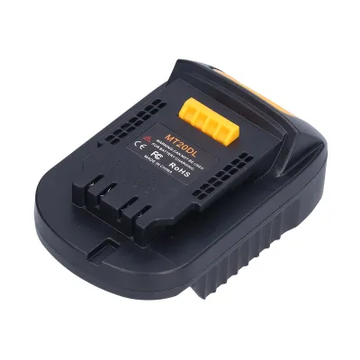 A black and yellow battery adapter is shown against a white background.