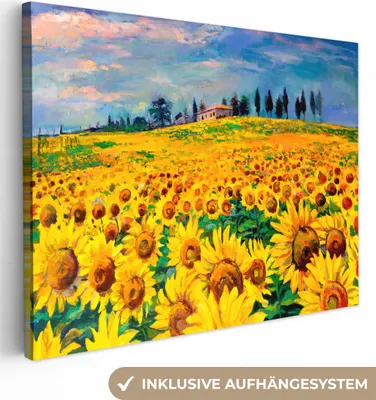Produktbild von MuchoWow® - Leinwandbilder - Ölfarbe - Gemälde - Blumen - Sonnenblume, Wandbild, Wanddeko Bilder Wohnzimmer, 80x60 cm