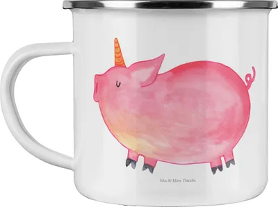 Produktbild von Mr. & Mrs. Panda Teetasse Einhorn Schwein - Weiß - Geschenk, Unicorn, Teebecher, Englisch, Emaille Tasse, Einhörner, Pott, Kaffeepott, Spruch, becher