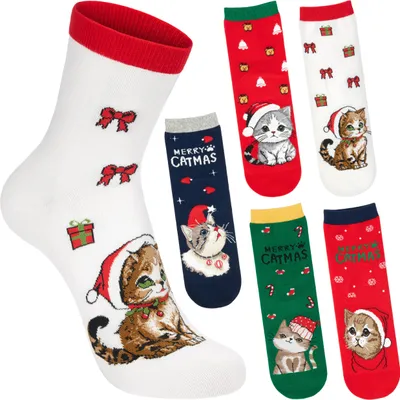 Obrázek produktu pro BRUBAKER 5 párů kočičích vánočních ponožek pro ženy a muže - Merry Catmas - Funny plyšové ponožky dárek, 36-41