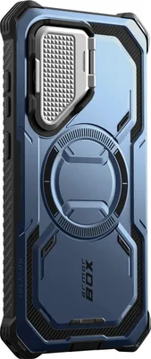 A blue phone case with a textured grip and a circular design on the back.