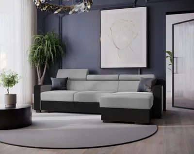 Produktbild von GOLDSTOFF DIWIA Ecksofa 202 x 130 cm mit Schlaffunktion & Bettkasten – Schlafsofa L-Form mit Kopfstützen Stauraum (hellgrau+schwarz)