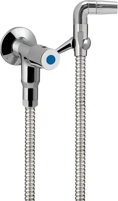 A chrome-plated showerhead set with a wall valve and a flexible hose, presented against a white background.