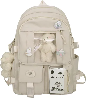 Productafbeelding van schoolrugzak, witte schoolboektas voor meisjes, met pin en accessoires, voor school