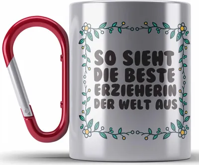 Produktbild von Trendation - Erzieherin Edelstahl Tasse Karabiner Geschenk Herz Geschenke Abschiedsgeschenk mit Spruch Karabiner Edelstahl Tasse Karabiner Edelstahl für Erzieherin (Rot)