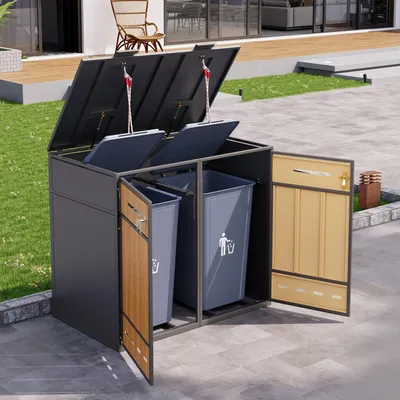 Productafbeelding van Containerberging voor 2 afvalcontainers van 120–240 liter, afsluitbaar met klapdeksel en 2 deuren, ventilatie, koudgewalst staal, houtlook en grijs