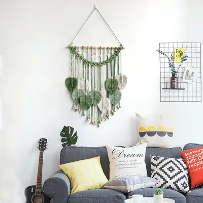Produktbild von Makramee Wandbehang Wandteppich Wandbehang Nachbildung mit Holzperlen und Blätter Makramee Blätter Wandteppich für Boho Deko Wohnung Party Dekorationen, Grün
