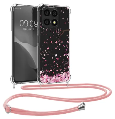 Produktbild von kwmobile Necklace Case kompatibel mit HONOR X8a Hülle - Silikon Cover mit Handykette - Rosa Dunkelbraun Transparent Kirschblütenblätter
