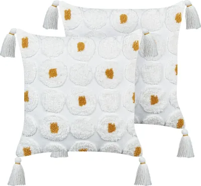Zdjęcie produktu dla BELIANI 2 poduszki białe bawełniane 45 x 45 cm z żółtymi kropkami i frędzlami