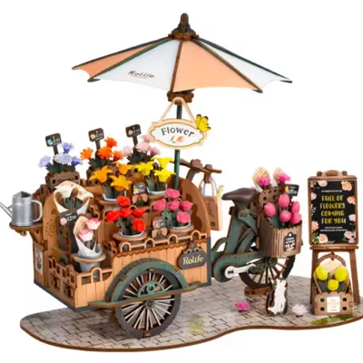 Produktbild von FORSMANO 3D Holzpuzzle mit 187 Puzzleteilen, Blumenwagen mit mehreren Blumen, Kreatives DIY-Kit für Mädchen, für Hände, Basteln und Heimdekoration