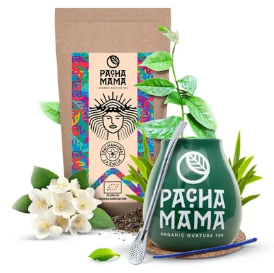Produktbild von Pachamama - Guayusa Tee Set Jazmín 100g - Grüner Keramik Mate Becher 350ml - Jasminblüten Aroma - Milder Geschmack, Luftgetrocknet - Bombilla