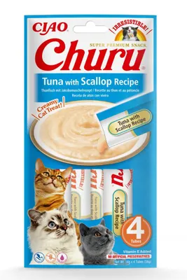 Zdjęcie produktu dla Inaba Cat Churu Tuna With Scallop 4x14g (56g) Kremowy Przysmak Dla Kota Pasta Z Tuńczyka Z Przegrzebkami