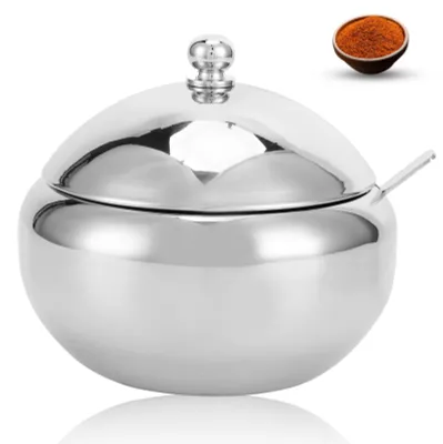 Zuckerdose aus Edelstahl mit Deckel und Löffel, silber, L
