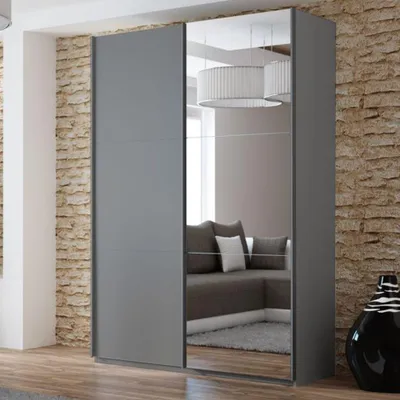 Produktbild von Krudox PRV Kleiderschrank Schiebetür Graphit 150 cm mit Spiegel 2 Kleiderstangen Schlafzimmer Schrank