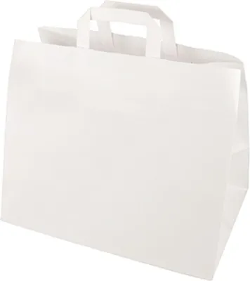 Zdjęcie produktu dla 50 papierowych toreb transportowych o wymiarach 27 cm x 32 cm x 17 cm w kolorze białym z uchwytem do przenoszenia