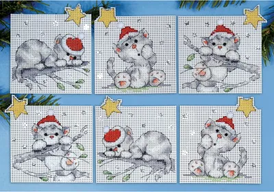 Produktbild von Design Works Kreuzstich Stickpackung "Weihnachtsbaum Dekoration Weihnachtskatzen 6er Set", Zählmuster, 9x9cm