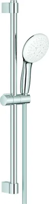 A shower head on a rail, isolated on a white background.