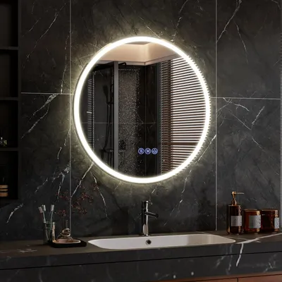 Produktbild von Koonmi runder LED Badspiegel 70 cm, dimmbar, Wandspiegel mit 3 Lichtfarben, Antibeschlagfunktion und bruchsicherem Glas für Badezimmer und Waschtisch