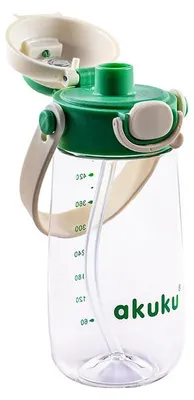 Image de Bouteille d'eau pour enfant avec paille, 480 ml, verte, idéale pour l'école, avec une bandoulière