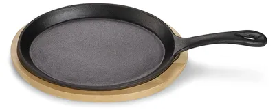 Produktbild von Servierpfanne aus Gusseisen, Servierpfännchen, Mini Pfännchen mit Servierbrett, Kleine Grillpfanne, Bereits eingebrannt, Für Backöfen, Grill, BBQ und Induktion geeignet, Ø 24 x 17,7 cm