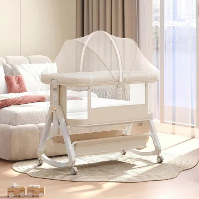 Produktbild von OYAJIA Beistellbett 3 in 1 Beistellbett Stubenwagen Babybett BabyReisebett 6-stufige Höhenverstellung, mit Rollen, Moskitonetz und Matratze