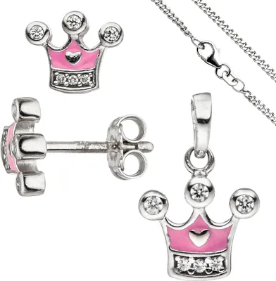 Produktbild von Kinder Schmuck-Set Krone pink rosa 925 Silber Zirkonia mit Kette 42cm