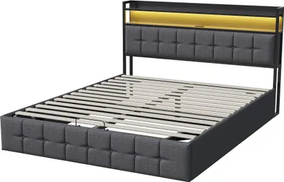 Produktbild von Fortuna Lai Polsterbett 140x200cm mit USB und Steckdosen, Jugendbett Doppelbett mit Lattenrost und Stauraum, Stauraumbett mit LED, Leinen, Schwarz