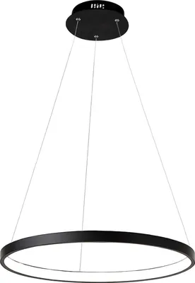 A black circular pendant light hanging from a ceiling mount.