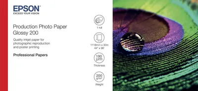 Produktbild von Epson Production Photo Paper Glossy 200 44" x 30m, Glanz, 200 g/m², Tintenstrahl, Weiß, RC/PE, Foto, CAD, Produktion