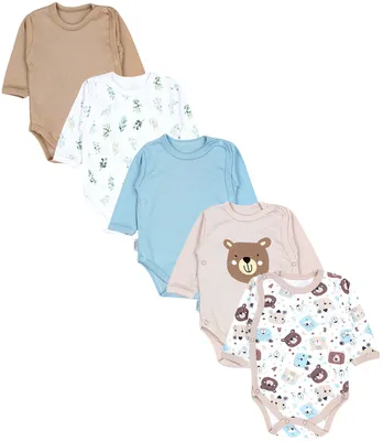 Produktbild von TupTam Baby Langarm Wickelbody Mädchen Body Jungen im 5er Set, Farbe: Bärchen Blätter Beige Eisberg, Größe: 56