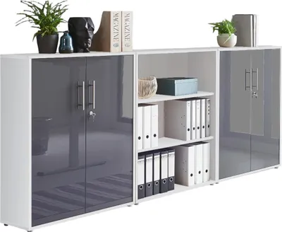 Produktbild von Aktenschrank TABOR 9 in weiß / anthrazit Hochglanz, Schrankwand, Büroschrank, abschließbar, Metallgriffe