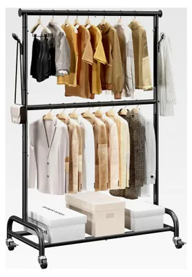 Produktbild von Kleiderständer mit verstellbarer Querstange und seitlichen Haken, rollbar, belastbar bis 150 kg, robuster Kleiderständer Kohlenstoffstahl für Schlafzimmer, Waschküche und Wohnzimmer