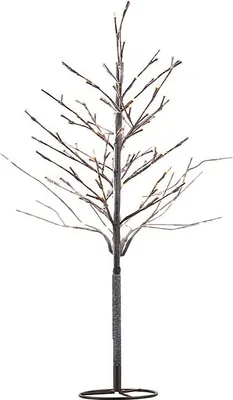 A decorative LED tree with bare branches and small lights, standing on a circular base.