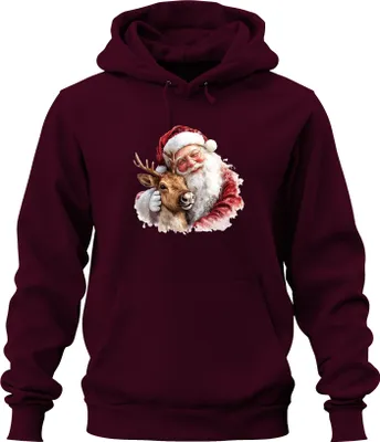 Produktbild von Weihnachtsmann mit Rentier Umarmung Weihnachten Aquarell Vintage Uni Hoodie Kapuzenpullover, Burgundy, 3XL