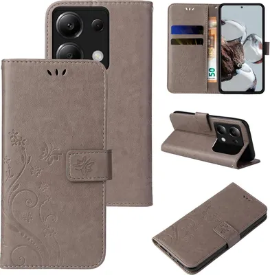 Produktbild von Handyhülle für Xiaomi Redmi Note 13 Pro 5G Floral Blumen Schmetterling Flip Cover Hülle Case Klapphülle Handytasche Farbe: Grau