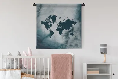 Produktbild von MuchoWow® Wandteppich Wandbehang Weltkarte - Aquarell - Blau 90x90 cm Tapisserie Dekoration Wandtuch - Wandaufhänger