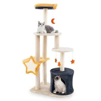 Produktbild von GOPLUS Kratzbaum, Katzenbaum in Mond- & Sternoptik, Katzenkratzbaum mit Sisalpfosten, Kratzbrett, Plüsch-Kletterturm mit Sitzplattform & Katzenhöhle