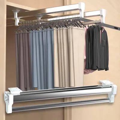 Produktbild von 450 mm/17,72 Zoll Verstellbarer Edelstahl Kleiderstangen, Ausziehbar Kleiderschrank Kleiderstange Multifunktion Hosenhalter Kleiderbügelauszug Ausziehbar