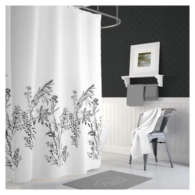 Produktbild von Duschvorhang aus Stoff Heide Weiß Schwarz Textil in der Größe 240 cm Breit x 200 cm Hoch inkl. Ringe