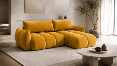 Image de Canapé d'angle Kaiser Möbel en forme de L, avec fonction convertible, revêtement en velours Bluvel, couleur or, configuration à droite, modèle BELVEDER L