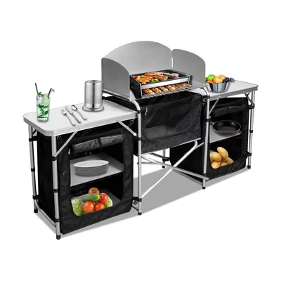 Obrázok produktu pre Yakimz kempingový kuchynský kempingový stôl z hliníka, skladacia kempingová skrinka vrátane tašky na prenášanie, na piknik, kempovanie, do prírody - Veľká veľkosť:164,5x52x104 cm