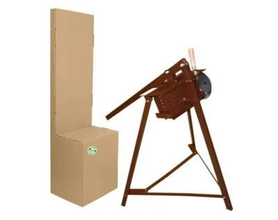 A product shot of a brikettierpresse (briquette machine) and its packaging.