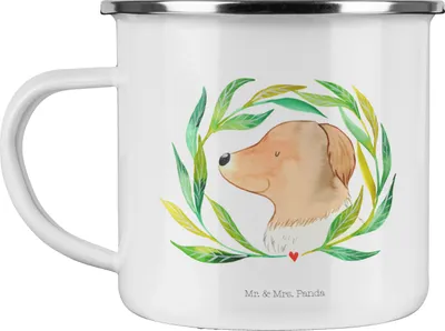 Produktbild von Mr. & Mrs. Panda Pott Hund Blumen - Weiß - Geschenk, Haferl, Niedlich, Hunde, Emaille Tasse, Sprüche, Teetasse, Hundeliebe, Kaffeepott