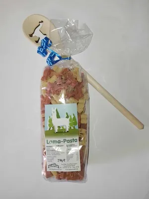 Produktbild von Motivnudeln mit Kochlöffel: Lamas, 250g Nudeln + Löffel, Holzlöffel, Alpakas, Geschenkidee
