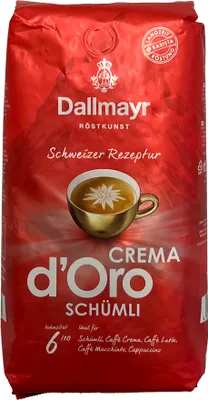 A red bag of Dallmayr Crema d'Oro Schümli coffee beans.