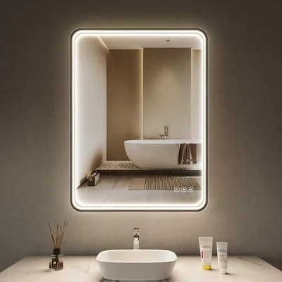Produktbild von LED Badspiegel 60x80 cm mit frontbeleuchtung, 3 lichtfarben dimmbar, Touch-schalter, Anti-Beschlag & Memory.Funktion, schwarzer Aluminiumrahmen